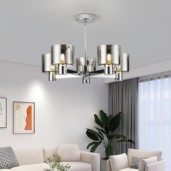 Modern 5 Lights Chandelier Ceiling Light, Chrome Semi Flush Ceiling Lamp with Smoked Glass Shades, 5xG9 Ceiling Lighting