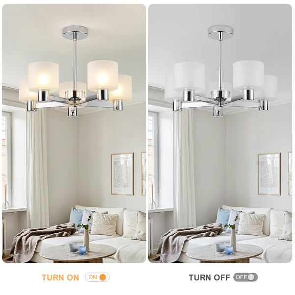 Modern 5 Lights Chandelier Ceiling Light, Chrome Semi Flush Ceiling Lamp with Sanded Glass Shades, 5xG9 Ceiling Lighting