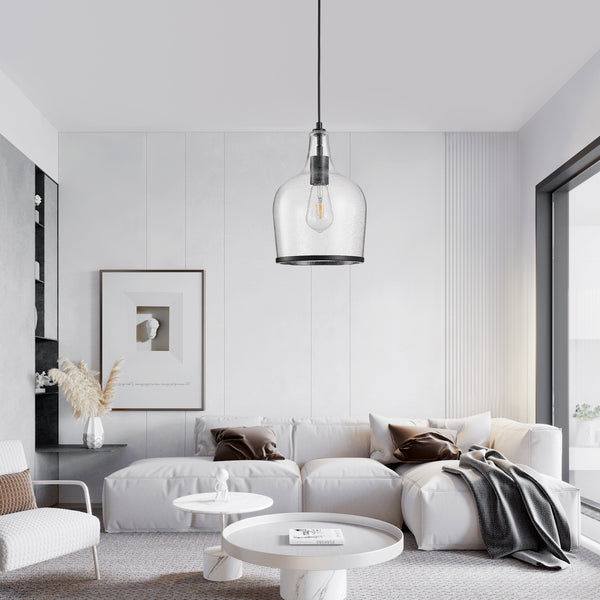 HARPER LIVING Pendant Ceiling Light, Matt Black Glass Pendant Lamp with Bubbles Glass Shade, Adjustable Drop (45-150cm)