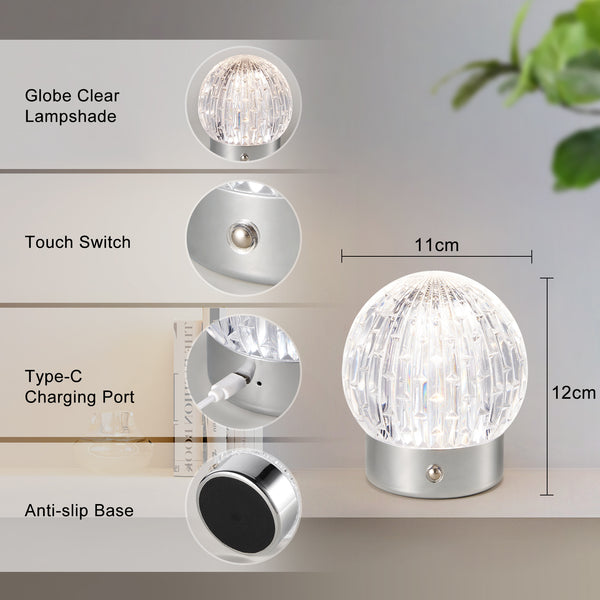 HARPER LIVING Rechargeable Table Lamp, Small Battery Operated Desk Lamp, Globe Shade, Chrome Finish