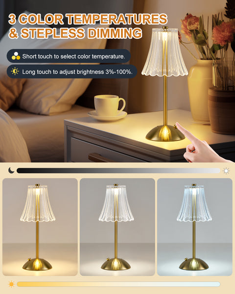 HARPER LIVING Rechargeable Table Lamp, Bedside Reading Light Polished Gold Finish, Cordless Touch Lamps, Bedroom, Living Room