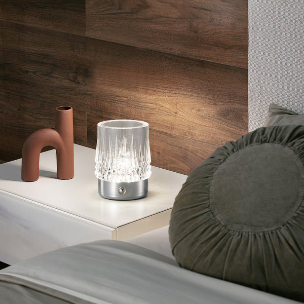 HARPER LIVING Rechargeable Table Lamp, Small Battery Operated Desk Lamp, Cylindrical Shade, Chrome Finish