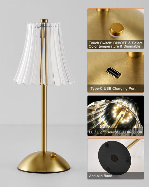 HARPER LIVING Rechargeable Table Lamp, Bedside Reading Light Polished Gold Finish, Cordless Touch Lamps, Bedroom, Living Room