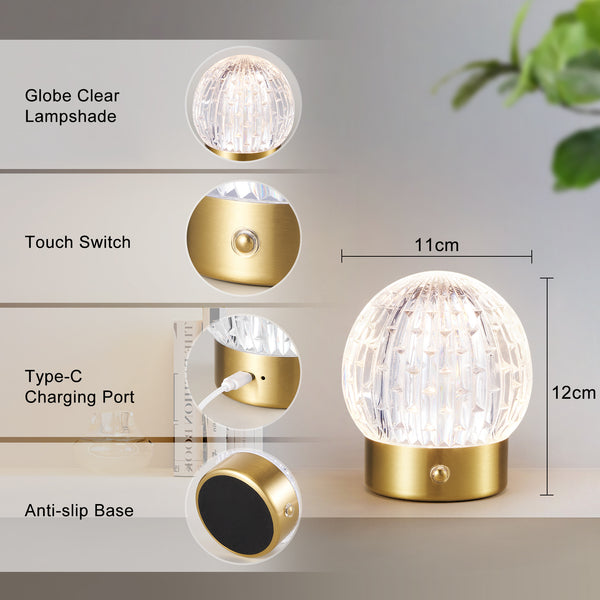 HARPER LIVING Rechargeable Table Lamp, Small Battery Operated Desk Lamp, Globe Shade, Gold Finish