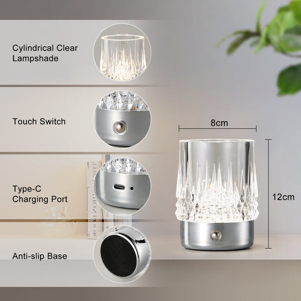 HARPER LIVING Rechargeable Table Lamp, Small Battery Operated Desk Lamp, Cylindrical Shade, Chrome Finish