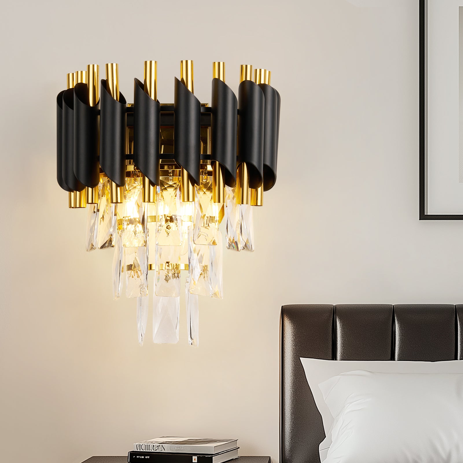 HARPER LIVING Crystal Wall Light, Modern Wall Lamp Indoor with 3 Tiers Crystals, Black & Gold Finish Crystal Wall Sconce