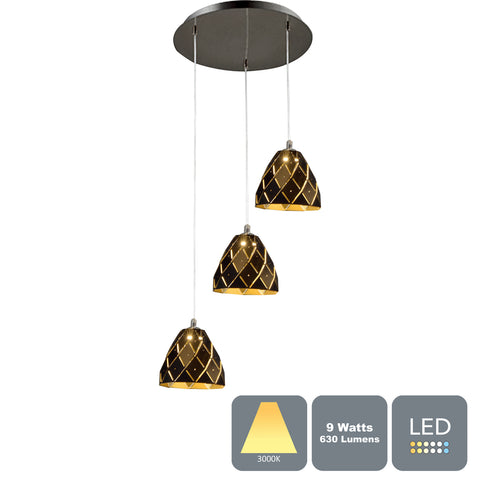 Modern LED Pendant Black Finish with Metal Shade, 3 Light, RRP: £108